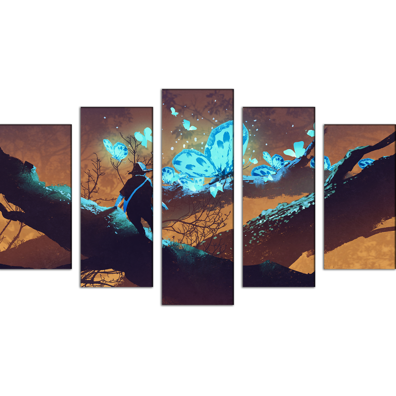 Man Looking at Blue Butterflies Canvas Wall Painting- With 5 Frames