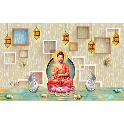 Buddha On Lotus With Swans Painting Non Ovens Wallpapers