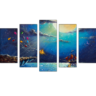 Boat & Girl Artistic Night Scenery Canvas Wall Painting- With 5 Frames