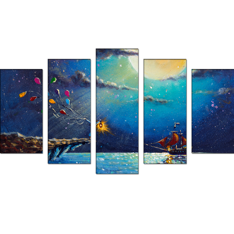 Boat & Girl Artistic Night Scenery Canvas Wall Painting- With 5 Frames