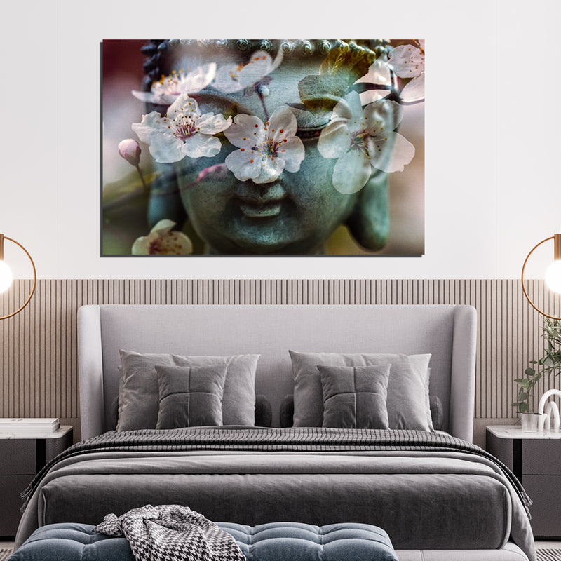 Buddha Face With White Flower Canvas Wall Painting