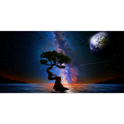 Glittery Night Over The Lake With Tree Canvas Wall Painting