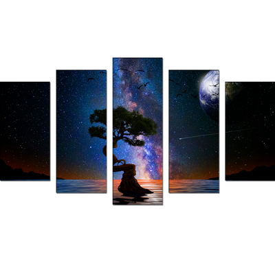 Glittery Night Over The Lake With Tree Canvas Wall Painting- With 5 Frames