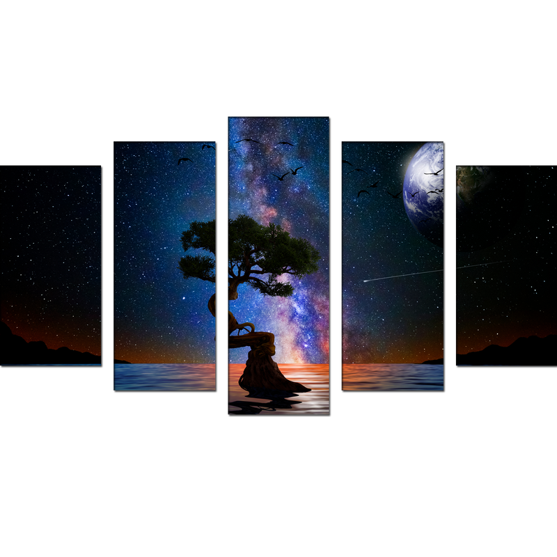 Glittery Night Over The Lake With Tree Canvas Wall Painting- With 5 Frames