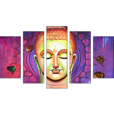 Acrylic Color Portrait Buddha Wood Framed Canvas Wall Painting- With 5 Frames