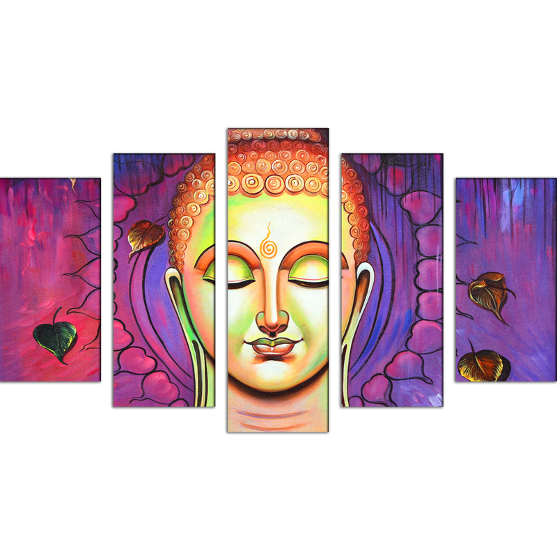 Acrylic Color Portrait Buddha Wood Framed Canvas Wall Painting- With 5 Frames