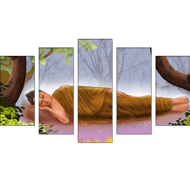 Gautama Buddha While Sleeping Illustration Canvas Wall Painting- With 5 Frames