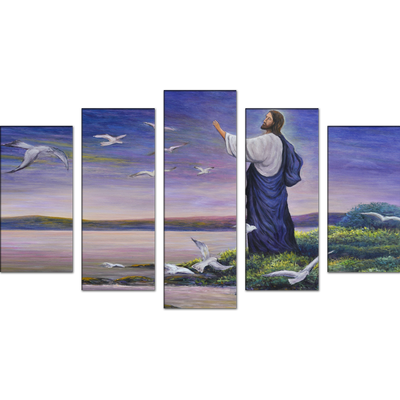 Jesus with Birds Canvas Wall Painting- With 5 Frames