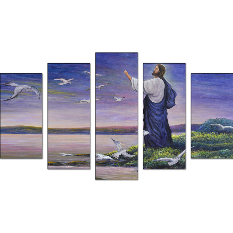 Jesus with Birds Canvas Wall Painting- With 5 Frames