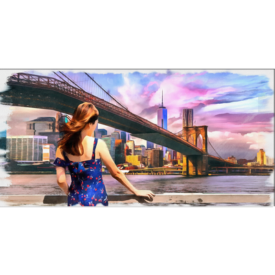 Girl Standing Into Brooklyn Bridge Canvas Wall Painting