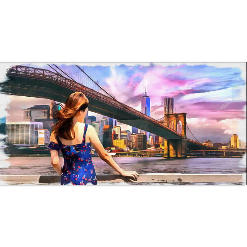 Girl Standing Into Brooklyn Bridge Canvas Wall Painting