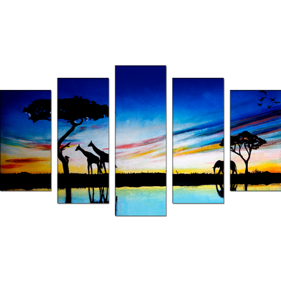 Elephants & Giraffes Oil painting Canvas Wall Painting- With 5 Frames