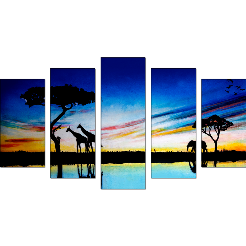 Elephants & Giraffes Oil painting Canvas Wall Painting- With 5 Frames