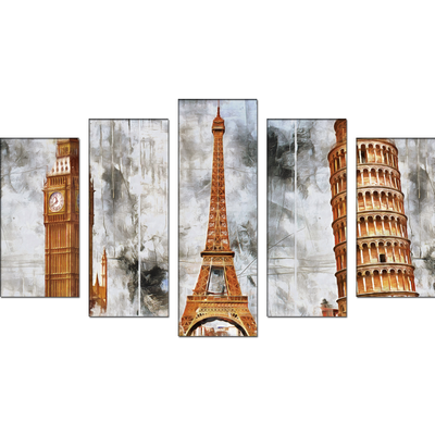 Eiffel Tower, Big Ben And Tower Of Pizzal Canvas Wall Painting- With 5 Frames