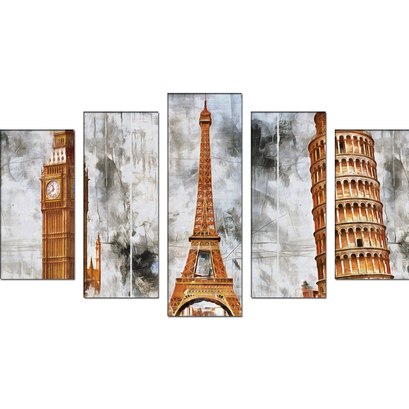 Eiffel Tower, Big Ben And Tower Of Pizzal Canvas Wall Painting- With 5 Frames