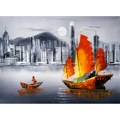 Colorful Boat In Grey Background Digitally Printed Wallpaper