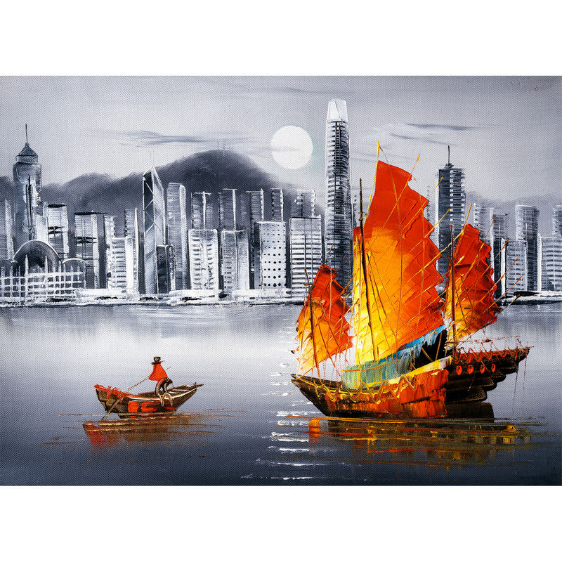 Colorful Boat In Grey Background Digitally Printed Wallpaper