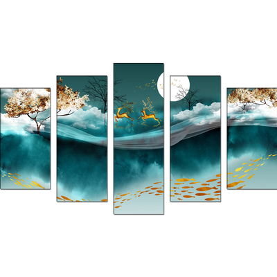 Deer And Moon Canvas Wall Painting- With 5 Frames
