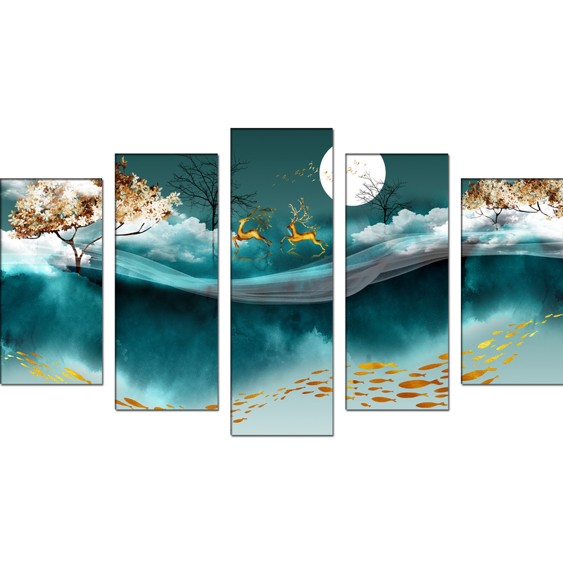 Deer And Moon Canvas Wall Painting- With 5 Frames