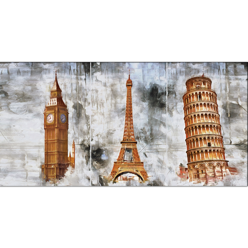 Eiffel Tower, Big Ben And Tower Of Pizzal Canvas Wall Painting
