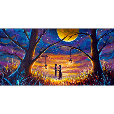 Couple In Forest At Night Under Moon Canvas Wall Painting