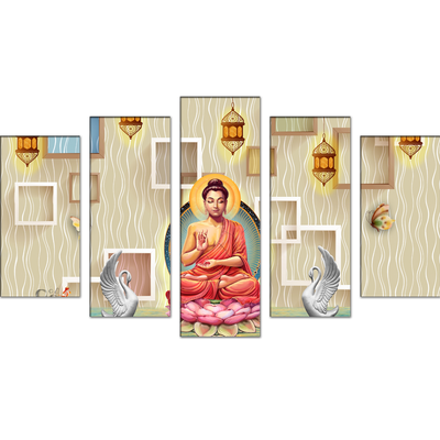 Buddha On Lotus With Swans Canvas Wall Painting- With 5 Frames