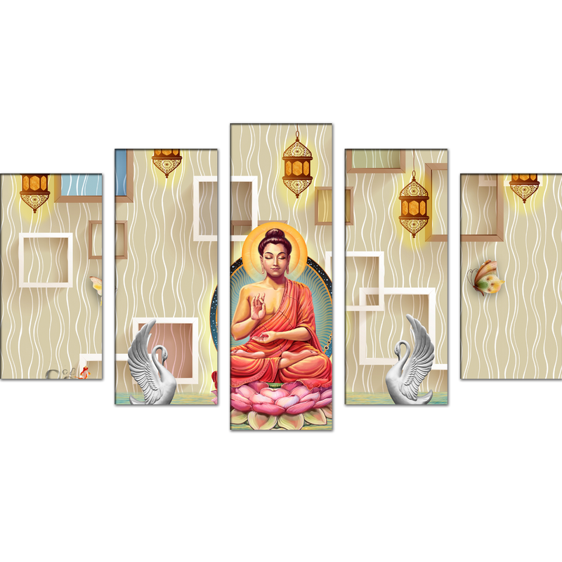 Buddha On Lotus With Swans Canvas Wall Painting- With 5 Frames