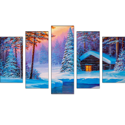 Cold Winter Sunrise Scenery Canvas Wall Painting- With 5 Frames