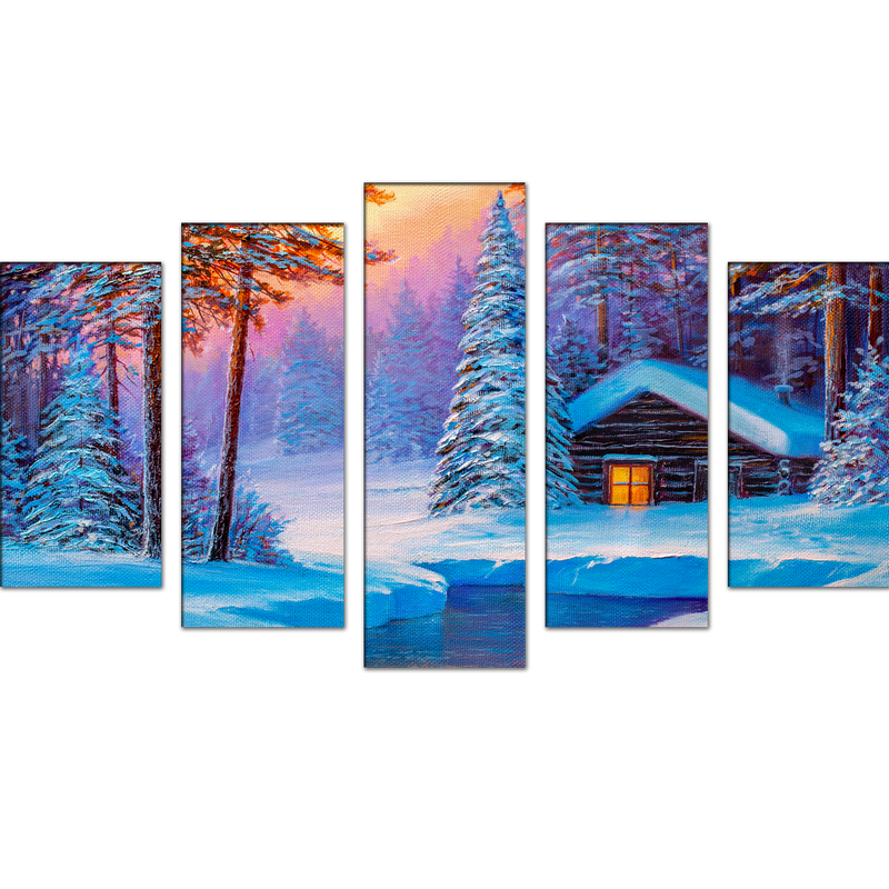 Cold Winter Sunrise Scenery Canvas Wall Painting- With 5 Frames