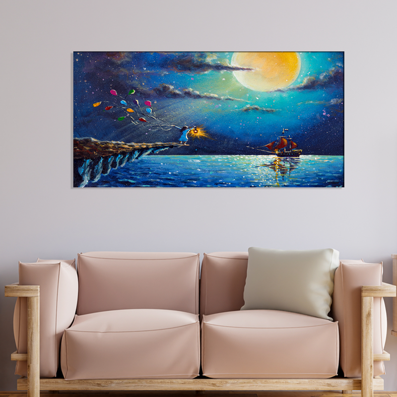 Boat & Girl Artistic Night Scenery Canvas Wall Painting