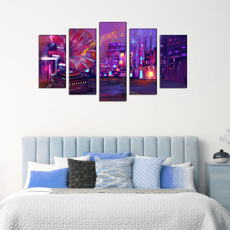 Large Gramophone On Street Abstract Canvas Wall Painting- With 5 Frames