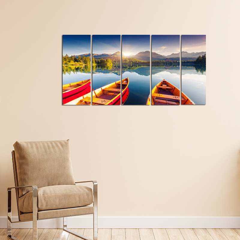 Mountain Lake Canvas Wall Painting - With 5 Panel