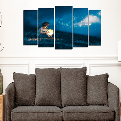 Boy With A Moon Light Ball In Hand Canvas Wall Painting - With 5 Panel