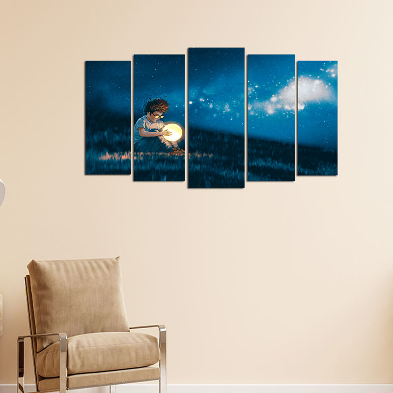 Boy With A Moon Light Ball In Hand Canvas Wall Painting - With 5 Panel