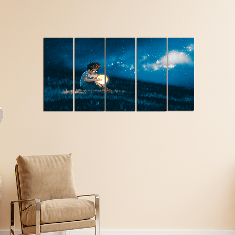 Boy With A Moon Light Ball In Hand Canvas Wall Painting - With 5 Panel