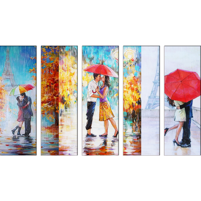 Couple In Rain Canvas Wall Painting- With 5 Frames