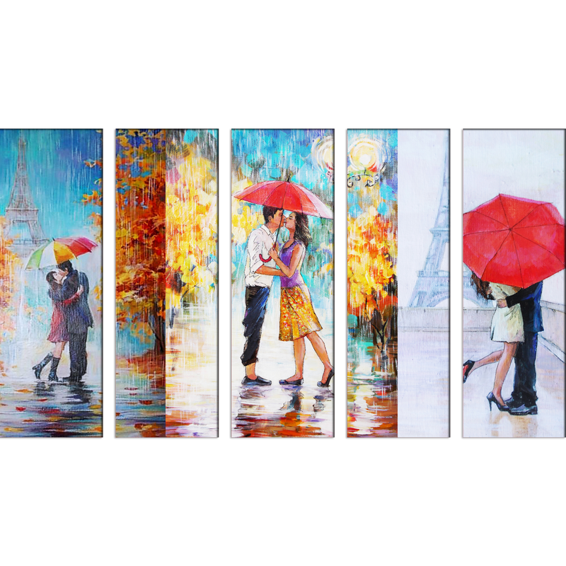 Couple In Rain Canvas Wall Painting- With 5 Frames