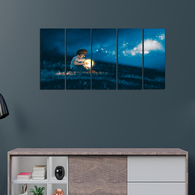 Boy With A Moon Light Ball In Hand Canvas Wall Painting - With 5 Panel
