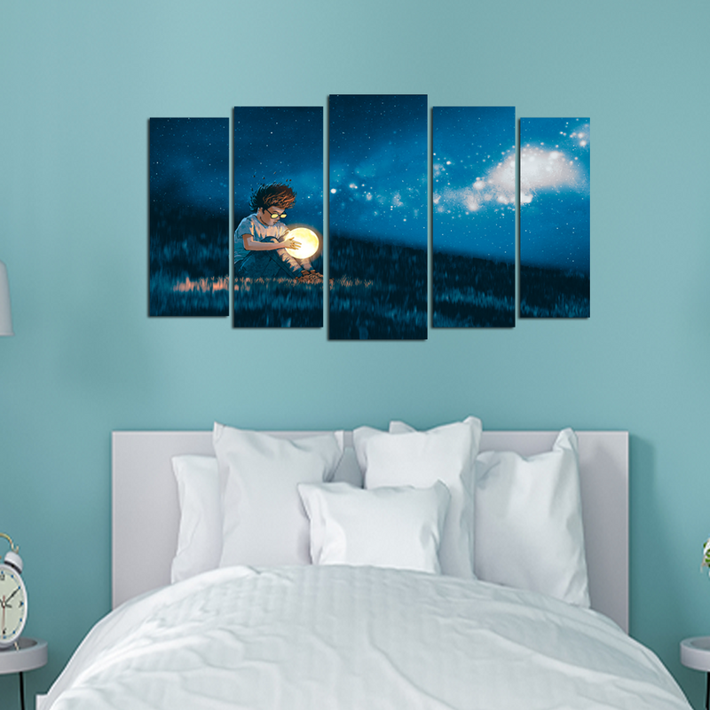 Boy With A Moon Light Ball In Hand Canvas Wall Painting - With 5 Panel