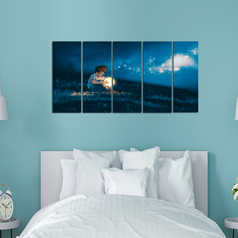 Boy With A Moon Light Ball In Hand Canvas Wall Painting - With 5 Panel