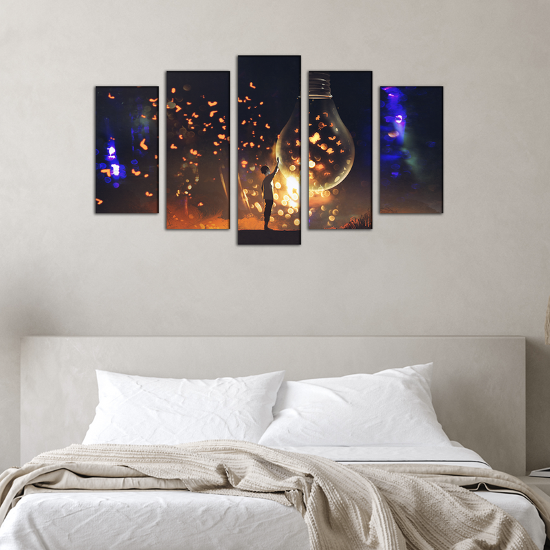 Man With Glowing Big Bulb Canvas Wall Painting- With 5 Frames