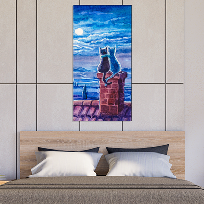 Cats Sitting On Roof Under Moonlight Canvas Wall Painting