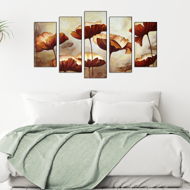 Brown Flower Canvas Wall Painting- With 5 Frames