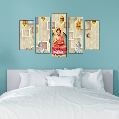 Buddha On Lotus With Swans Canvas Wall Painting- With 5 Frames