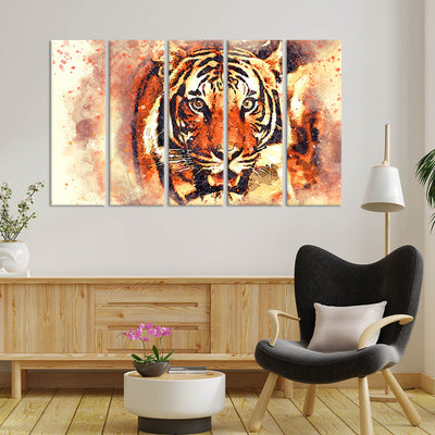 Abstract Tiger Face Canvas Wall Painting - With 5 Panel