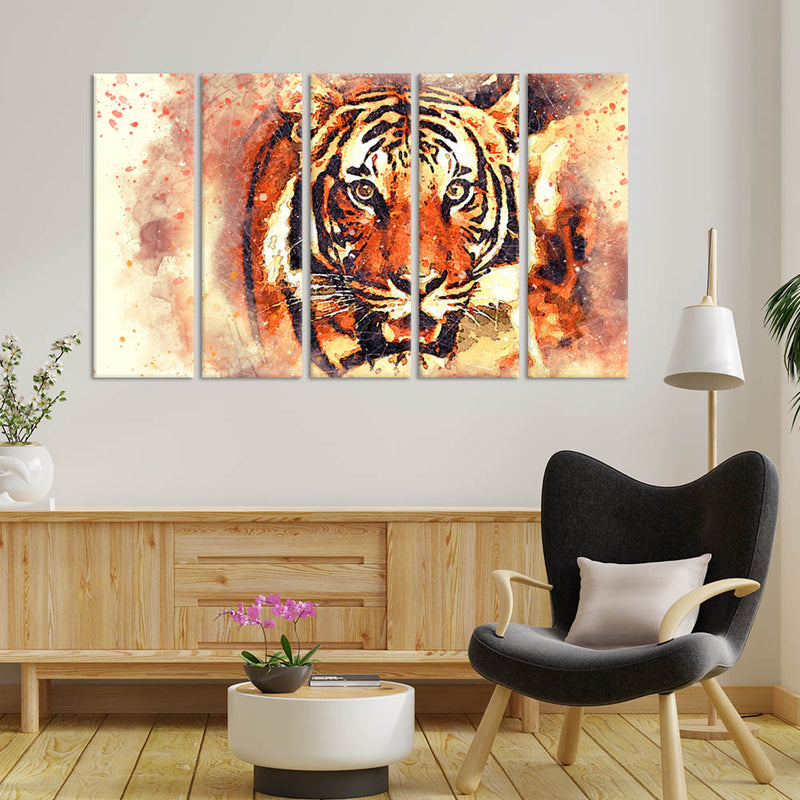 Abstract Tiger Face Canvas Wall Painting - With 5 Panel