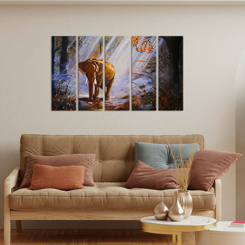 Artistic Elephant Canvas Wall Painting - With 5 Panel
