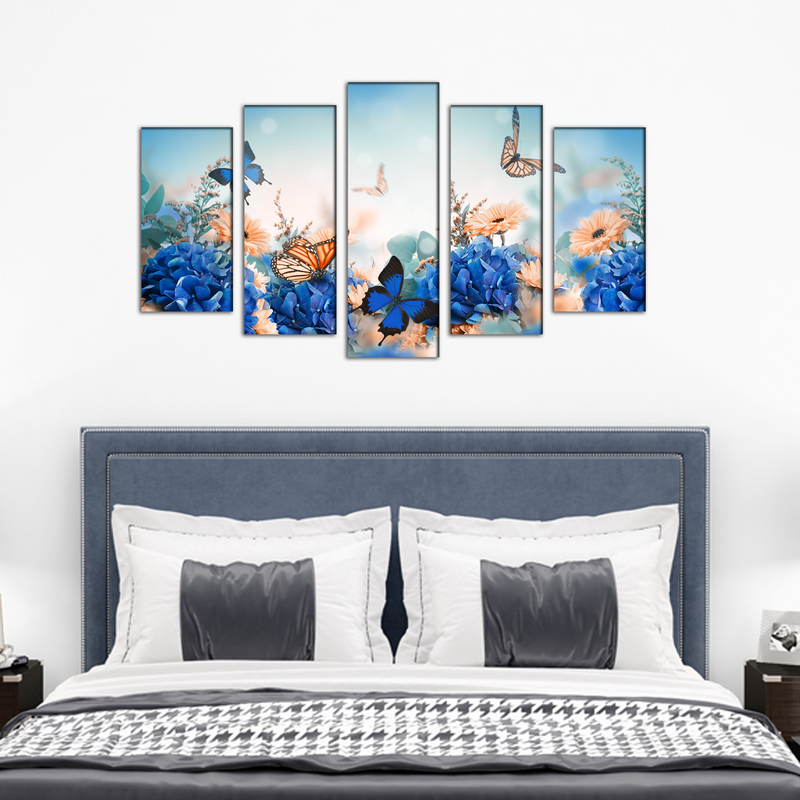 Blue Butterfly With Flower Wood Framed Canvas Wall Painting- With 5 Frames
