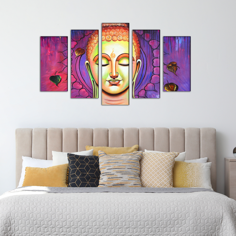 Acrylic Color Portrait Buddha Wood Framed Canvas Wall Painting- With 5 Frames