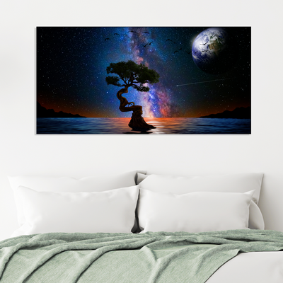 Glittery Night Over The Lake With Tree Canvas Wall Painting